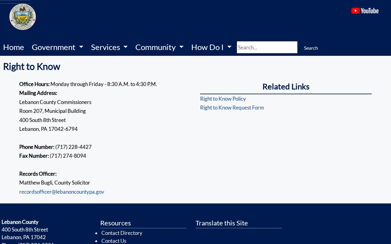 Lebanon County arrest records request page