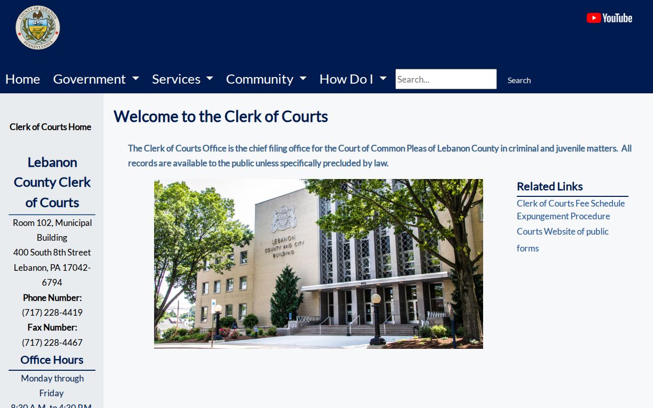 Lebanon County criminal court Clerk of Courts page