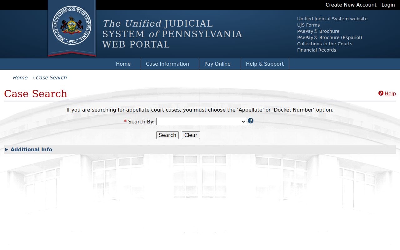 Lebanon County criminal court UJS search screen