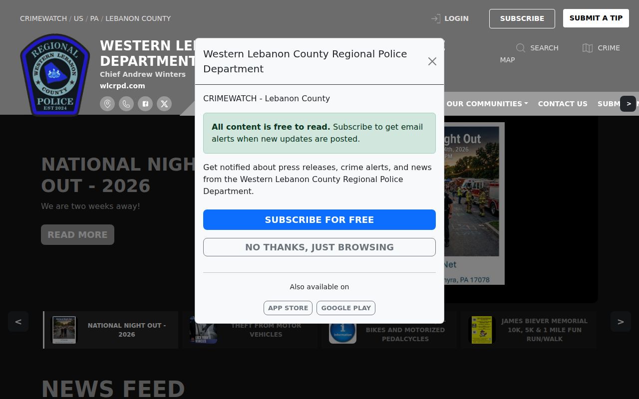 Palmyra criminal records channel at Western Lebanon County Regional Police